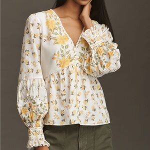 Farm Rio Puff Sleeve Blouse Azalea Garden Yellow Floral Romantic Women's XL NWT